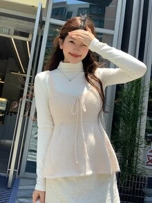 DAZY Atasan Rajut Kasual Romantis Gaya Korea untuk Wanita, Model Kamisol untuk Kencan Musim Gugur dan Sehari-hari, Warna Aprikot - Berwarna merah muda - View 5
