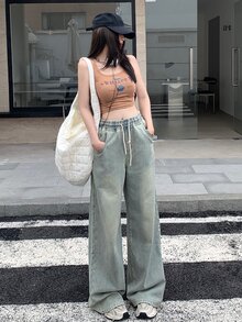 DAZY 女款抽繩腰寬腿寬鬆休閒牛仔褲，寬鬆牛仔褲可愛上衣 - 藍色 - 查看 3