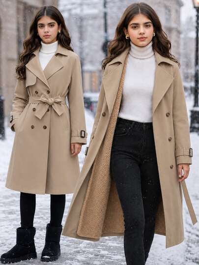 SHEIN Khaki Lined Windbreaker Coat, Long Sleeve, Fleece, Fall Clothes, Fall, Youth Mid-Length New Style Korean Loose-Fitting Waist-Cinching British