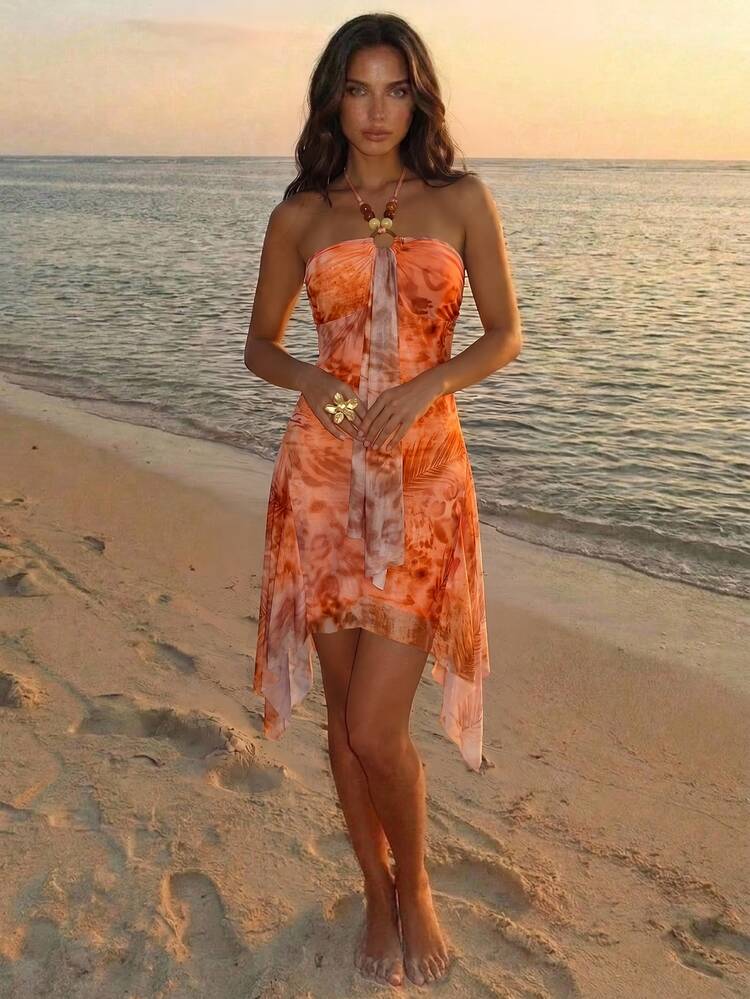Aloruh Women's Casual Sexy Tropical Breezy Leopard Print Backless Halter Neck Short Dress For Vacation Beach Vacation Orange Summer - Orange - View 3