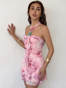 Aloruh 女款花卉印花百褶時尚熱帶性感歐式掛脖迷你洋裝，適合度假、海灘、假期，腮紅粉色夏季款 - 粉色 - 查看 4
