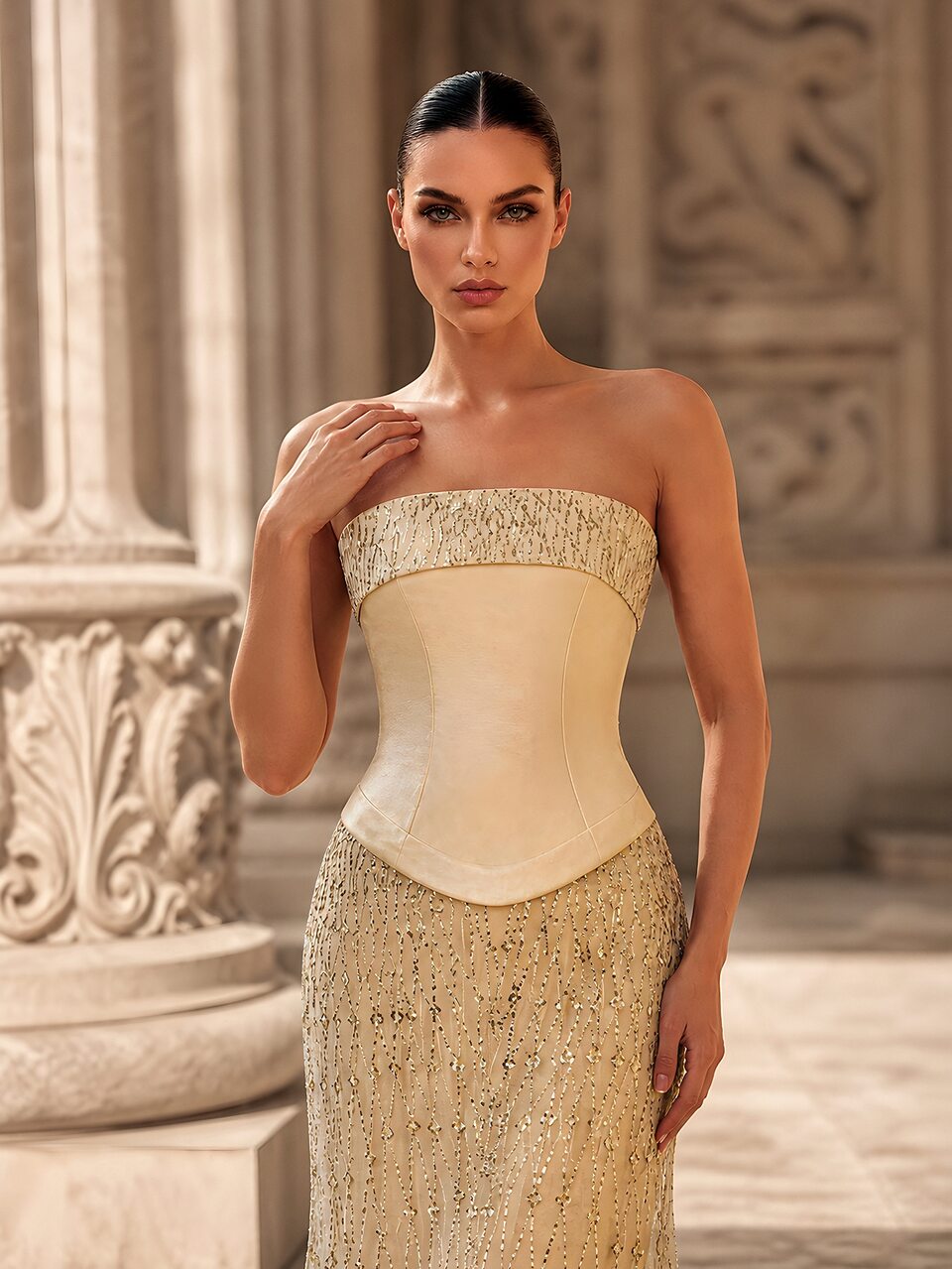 MOTF Soiréza SPRING/SUMMER WOMEN'S YELLOW STRAPLESS RHINESTONE EMBELLISHED PARTY DRESS