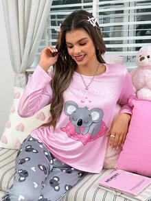 SHEIN Casual Underwear&Sleepwear 女士可爱考拉印花长袖睡衣套装，适合秋季和秋冬季穿着，舒适优雅。 - 彩色 - 查看 5