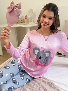 SHEIN Casual Underwear&Sleepwear 女士可爱考拉印花长袖睡衣套装，适合秋季和秋冬季穿着，舒适优雅。 - 彩色 - 查看 3
