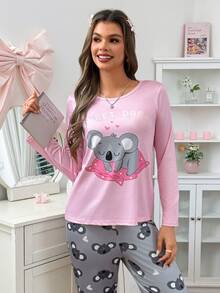 SHEIN Casual Underwear&Sleepwear 女士可爱考拉印花长袖睡衣套装，适合秋季和秋冬季穿着，舒适优雅。 - 彩色 - 查看 4