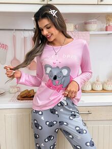 SHEIN Casual Underwear&Sleepwear 女士可爱考拉印花长袖睡衣套装，适合秋季和秋冬季穿着，舒适优雅。 - 彩色 - 查看 6