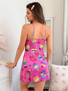 SHEIN Casual Underwear&Sleepwear 女士卡通冰淇淋印花细肩带睡裙睡衣裙 - 彩色 - 查看 2