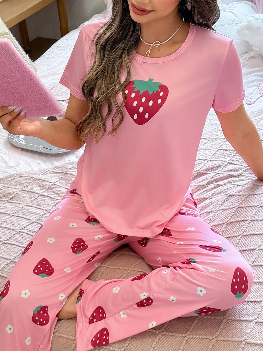 SHEIN Casual Underwear&Sleepwear 草莓印花女士短袖睡衣套装 - 彩色 - 查看 1