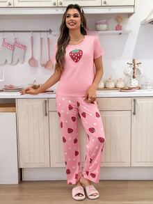 SHEIN Casual Underwear&Sleepwear 草莓印花女士短袖睡衣套装 - 彩色 - 查看 4