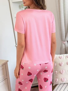 SHEIN Casual Underwear&Sleepwear 草莓印花女士短袖睡衣套装 - 彩色 - 查看 2
