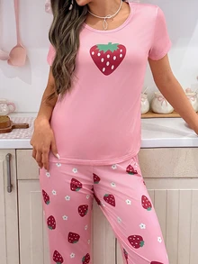 SHEIN Casual Underwear&Sleepwear 草莓印花女士短袖睡衣套装 - 彩色 - 查看 3