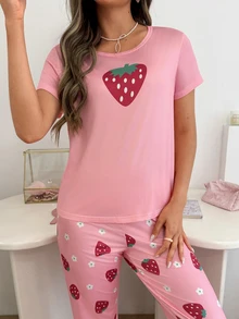 SHEIN Casual Underwear&Sleepwear 草莓印花女士短袖睡衣套装 - 彩色 - 查看 6