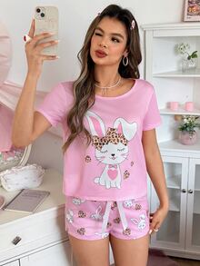SHEIN 可爱兔子和豹纹爱心印花时尚女式睡衣套装 - 彩色 - 查看 4