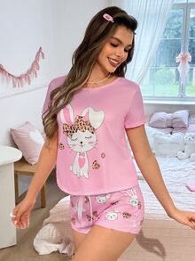SHEIN 可爱兔子和豹纹爱心印花时尚女式睡衣套装 - 彩色 - 查看 6