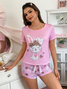 SHEIN 可爱兔子和豹纹爱心印花时尚女式睡衣套装 - 彩色 - 查看 1