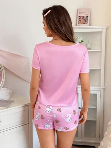 SHEIN 可爱兔子和豹纹爱心印花时尚女式睡衣套装 - 彩色 - 查看 2