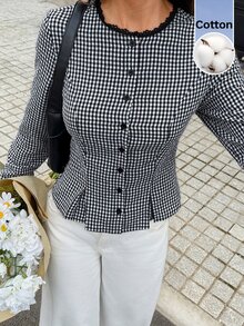 Serisse 女款棉質格紋蕾絲飾邊荷葉邊鈕扣襯衫，長袖 2000 年代復古風，黑白格紋，鄉村風度假秋季休閒 - 黑與白 - 查看 5