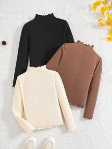 3 piezas Camisetas de cuello alto acanaladas de tono sólido con ribete de lechuga para niñas preadolescentes, de uso diario y combinables - Multicolor - Ver 2