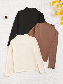 3 piezas Camisetas de cuello alto acanaladas de tono sólido con ribete de lechuga para niñas preadolescentes, de uso diario y combinables - Multicolor - Ver 5