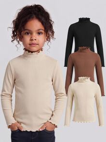 3 piezas Camisetas de cuello alto acanaladas de tono sólido con ribete de lechuga para niñas preadolescentes, de uso diario y combinables - Multicolor - Ver 3