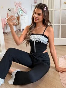 Cute Summer INS Lace Trim Contrast Color Women Pajama Sets - Black - View 1