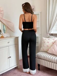 Cute Summer INS Lace Trim Contrast Color Women Pajama Sets - Black - View 2
