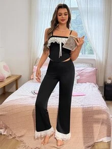 Cute Summer INS Lace Trim Contrast Color Women Pajama Sets - Black - View 4