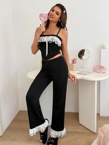 Cute Summer INS Lace Trim Contrast Color Women Pajama Sets - Black - View 6