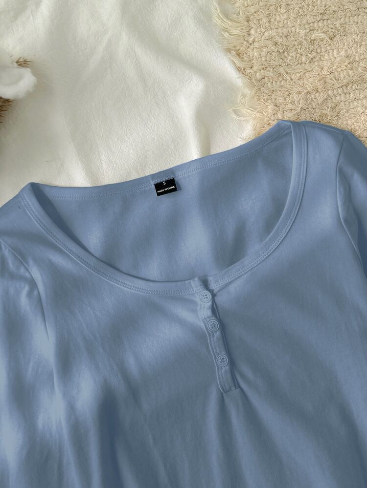 Tseoso Women's New Cotton-Feel Dusty Blue 95% Cotton Half-Button T-Shirt, Versatile For All Seasons, Suitable For Home Wear In Autumn/Winter - Dusty Blue - View 9