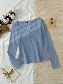 Tseoso 女款新款棉感灰藍色 95%棉半排扣 T-shirt，四季百搭，適合秋冬居家穿著 - 霧霾藍 - 查看 8