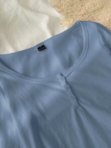 Tseoso 女款新款棉感灰藍色 95%棉半排扣 T-shirt，四季百搭，適合秋冬居家穿著 - 霧霾藍 - 查看 4