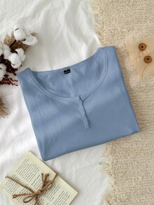 Tseoso 女款新款棉感灰藍色 95%棉半排扣 T-shirt，四季百搭，適合秋冬居家穿著 - 霧霾藍 - 查看 6