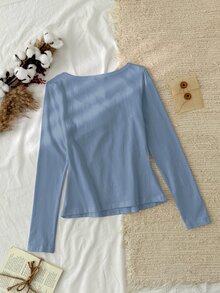 Tseoso 女款新款棉感灰藍色 95%棉半排扣 T-shirt，四季百搭，適合秋冬居家穿著 - 霧霾藍 - 查看 2
