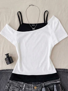 SHEIN 青少年女孩休閒極簡 Y2K 風拼接露肩細肩帶上衣，黑白 T-shirt，適合夏季、度假、休閒穿搭 - 白色 - 查看 1