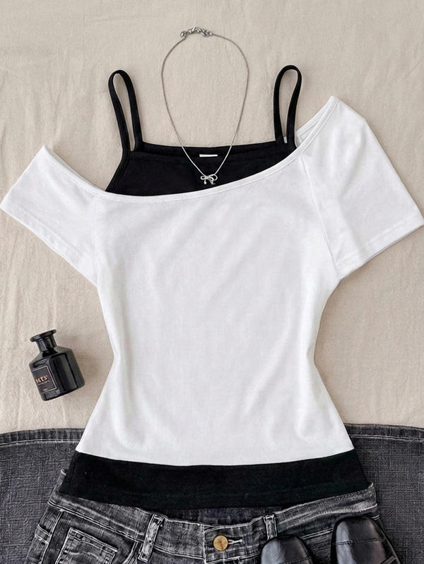 SHEIN Teen Girls Casual Minimalist Y2K Colorblock Cold Shoulder Camisole Top, Black And White T-Shirt, Summer, Vacation, Casual,