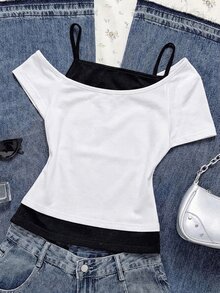 SHEIN 青少年女孩休閒極簡 Y2K 風拼接露肩細肩帶上衣，黑白 T-shirt，適合夏季、度假、休閒穿搭 - 白色 - 查看 3