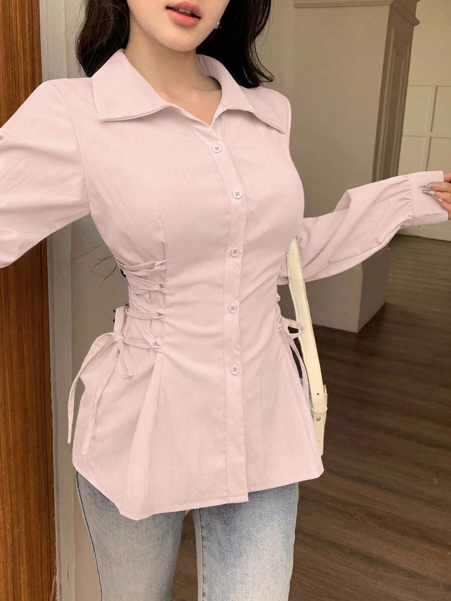 Modelyn 女款休閒優雅純色側綁帶修身襯衫,適合春/秋季,辦公室早午餐與日常穿著,腮紅粉色 - 粉色 - 查看 1