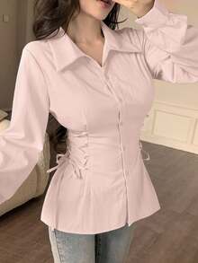 Modelyn 女款休閒優雅純色側綁帶修身襯衫，適合春/秋季，辦公室早午餐與日常穿著，腮紅粉色 - 粉色 - 查看 4