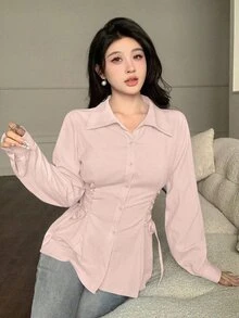 Modelyn 女款休閒優雅純色側綁帶修身襯衫，適合春/秋季，辦公室早午餐與日常穿著，腮紅粉色 - 粉色 - 查看 6