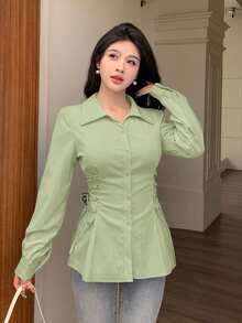 Modelyn 女款純色長袖抽繩綁帶時尚襯衫，秋季可愛辦公室早午餐穿搭，鼠尾草綠法式優雅風 - 綠色 - 查看 2