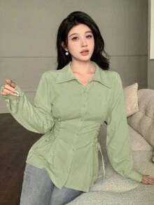 Modelyn 女款純色長袖抽繩綁帶時尚襯衫，秋季可愛辦公室早午餐穿搭，鼠尾草綠法式優雅風 - 綠色 - 查看 3
