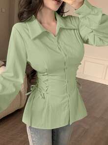 Modelyn 女款純色長袖抽繩綁帶時尚襯衫，秋季可愛辦公室早午餐穿搭，鼠尾草綠法式優雅風 - 綠色 - 查看 6