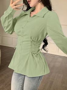 Modelyn 女款純色長袖抽繩綁帶時尚襯衫，秋季可愛辦公室早午餐穿搭，鼠尾草綠法式優雅風 - 綠色 - 查看 4