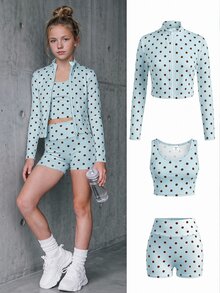 SHEIN 青少年女孩針織藍色與白色波點印花3件套（包含長袖半高領拉鍊上衣、吊帶背心上衣與單車短褲） - 藍色 - 查看 12