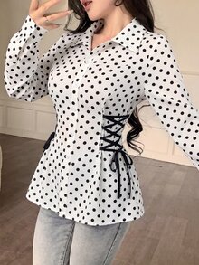 Modelyn 女款圓點領結設計休閒百搭日常出遊襯衫 - 黑與白 - 查看 4