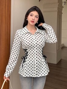 Modelyn 女款圓點領結設計休閒百搭日常出遊襯衫 - 黑與白 - 查看 3