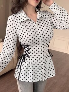 Modelyn 女款圓點領結設計休閒百搭日常出遊襯衫 - 黑與白 - 查看 7
