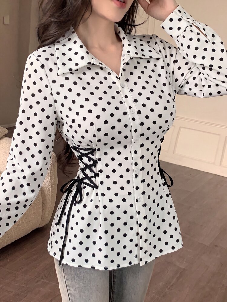 Modelyn Women's Polka Dot Tie Design Casual Versatile Daily Outing Shirt - Black and White - View 6