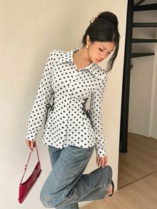 Modelyn 女款圓點領結設計休閒百搭日常出遊襯衫 - 黑與白 - 查看 5