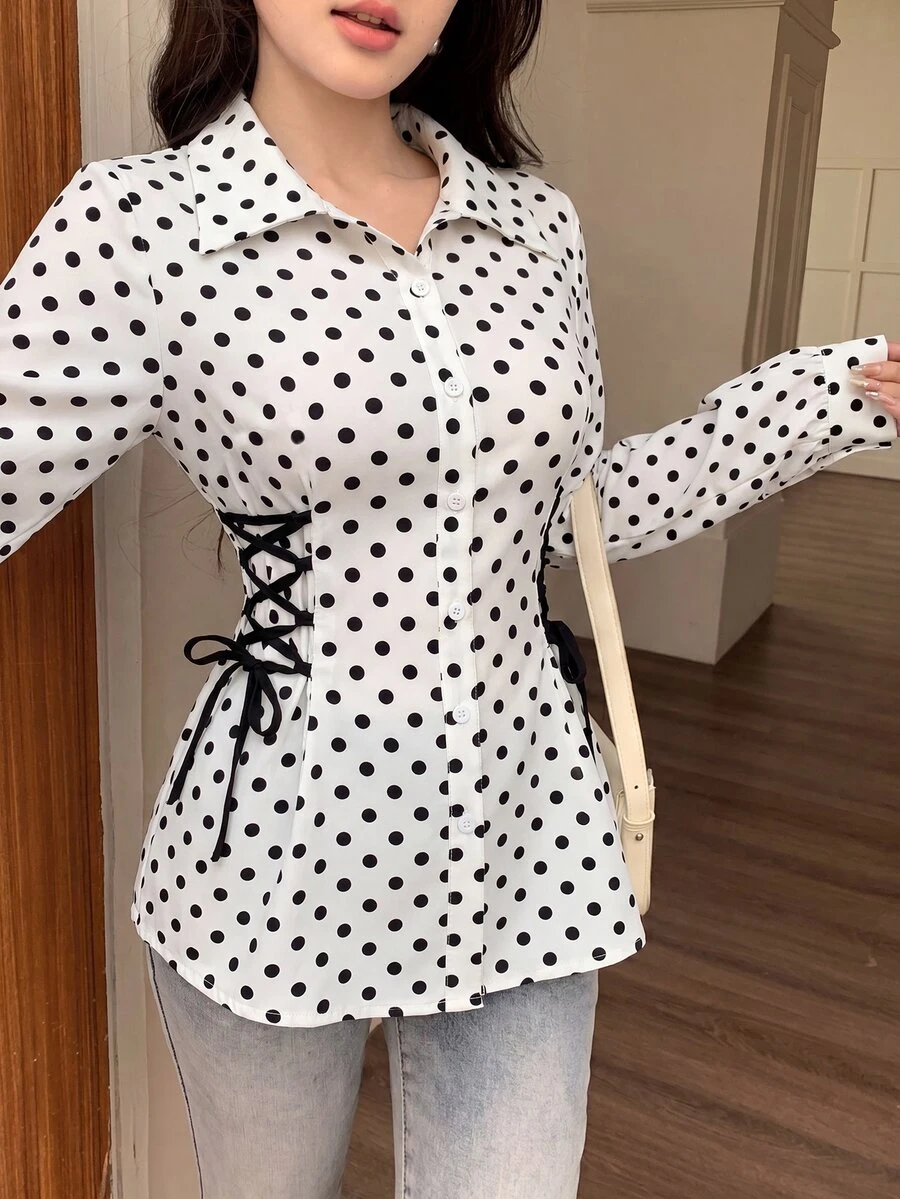 Modelyn 女款圓點領結設計休閒百搭日常出遊襯衫